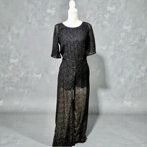 Line & Dot Anthro Black Velvet Polka Dot Wide Leg Jumpsuit Backless Sz M NWT